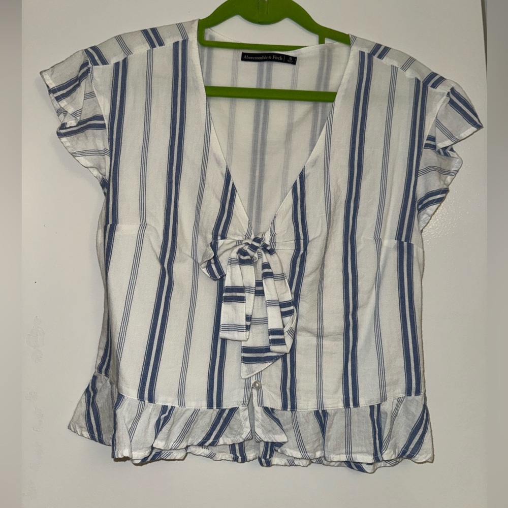 Abercrombie & Fitch White and Blue Striped Tie-Front Ruffle Blouse